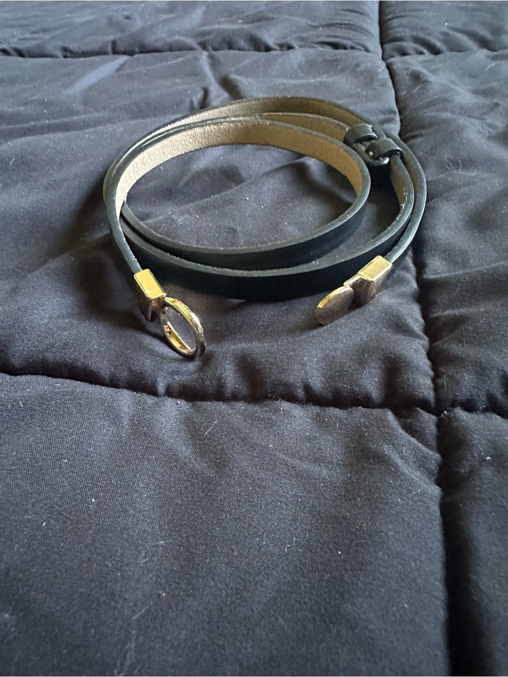 Double-Wrap Black Leather Belt with Gold Ring Accent